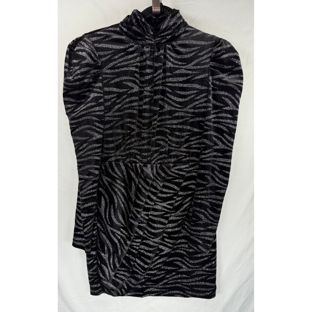 Aqua Womens Silver Glitter Zebra Velvet Mock Neck Puff Sleeve Mini Dress Small